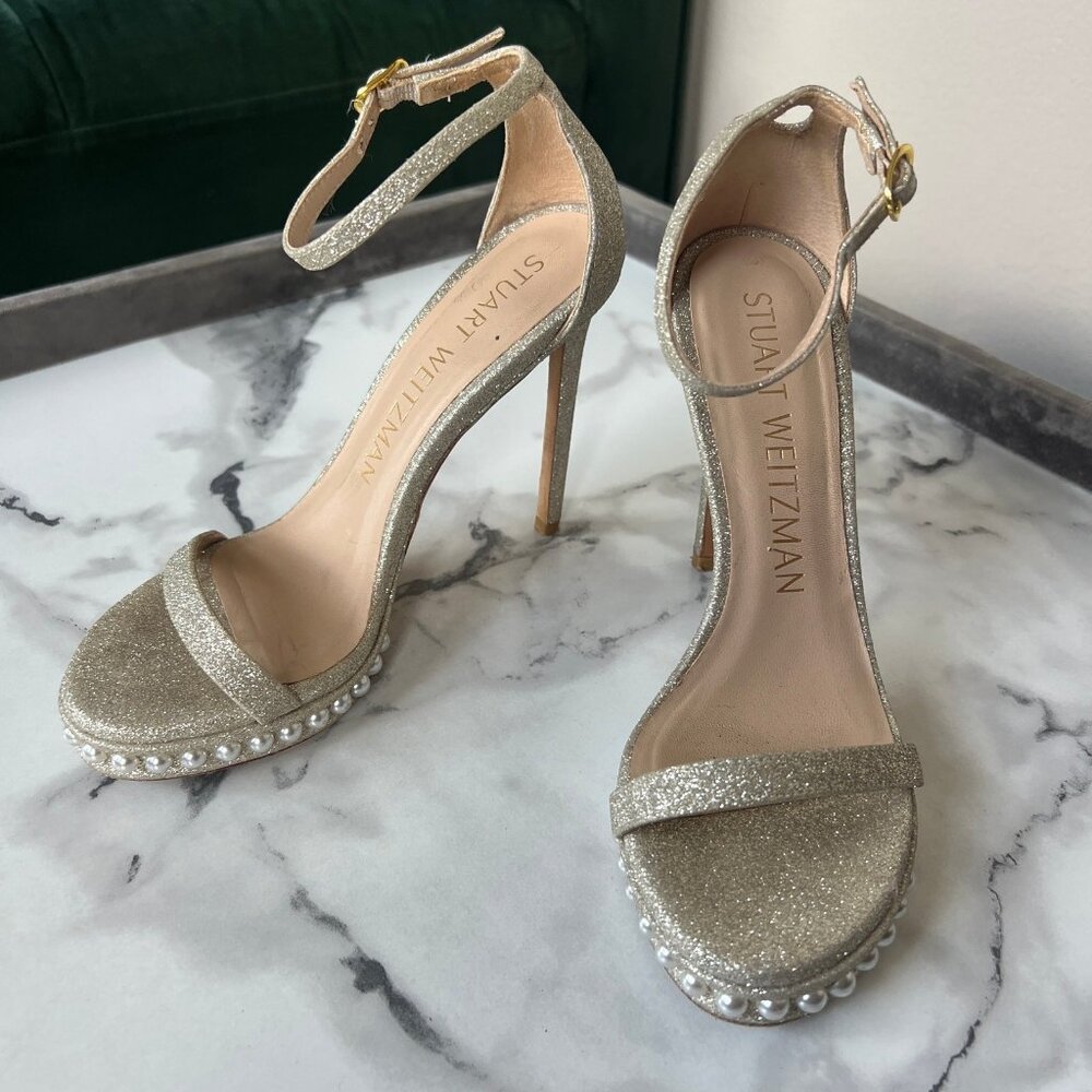 Stuart Weitzman Nudist Disco Pearl Gold Glitter Heels - Picture 8 of 9